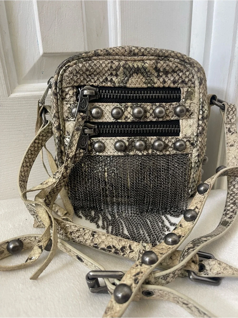 Ash Moxy Python Snakeskin print Leather Studded Crossbody Bag